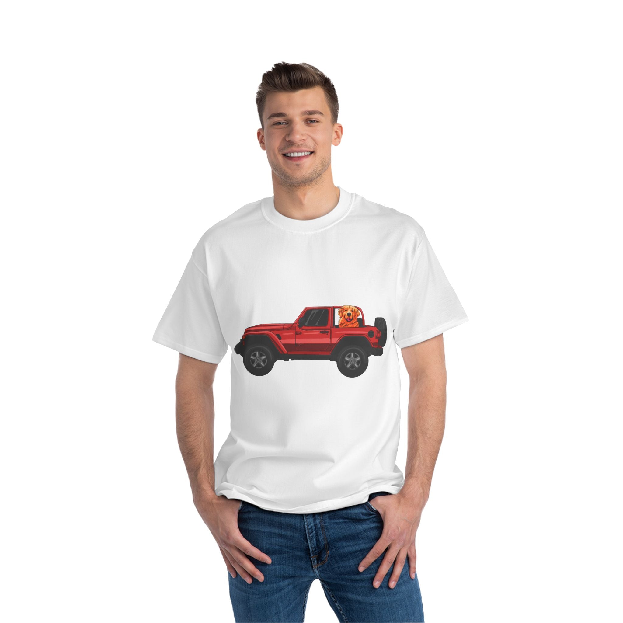 Red Jeep x Golden Retriever Beefy-T®  Short-Sleeve T-Shirt