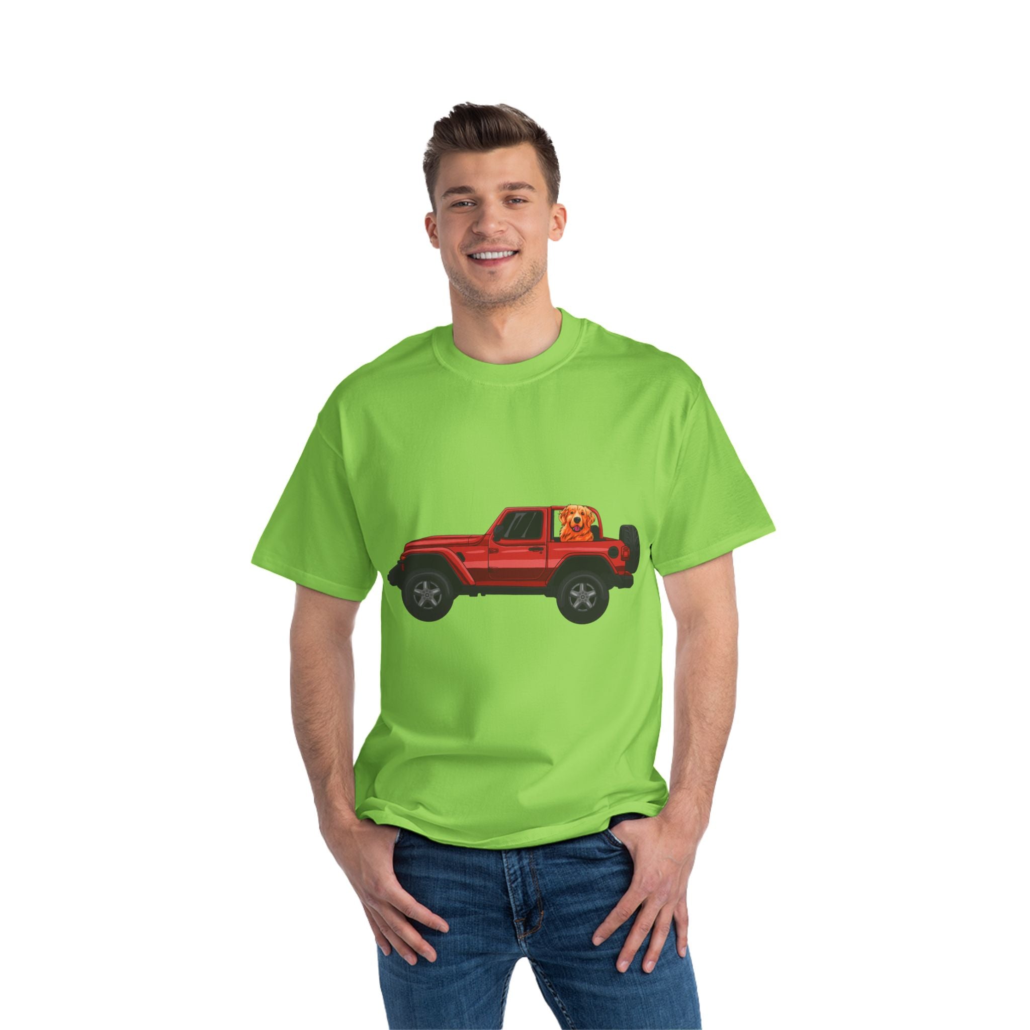 Red Jeep x Golden Retriever Beefy-T®  Short-Sleeve T-Shirt