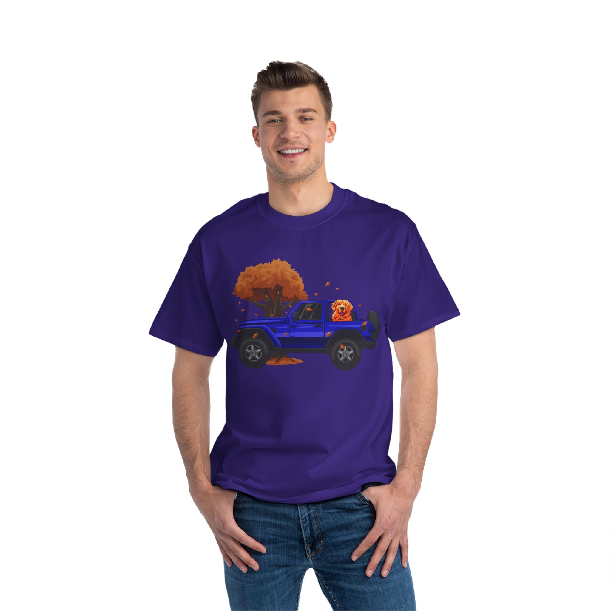 Fall Blue Jeep x Golden Retriever Beefy-T®  Short-Sleeve T-Shirt