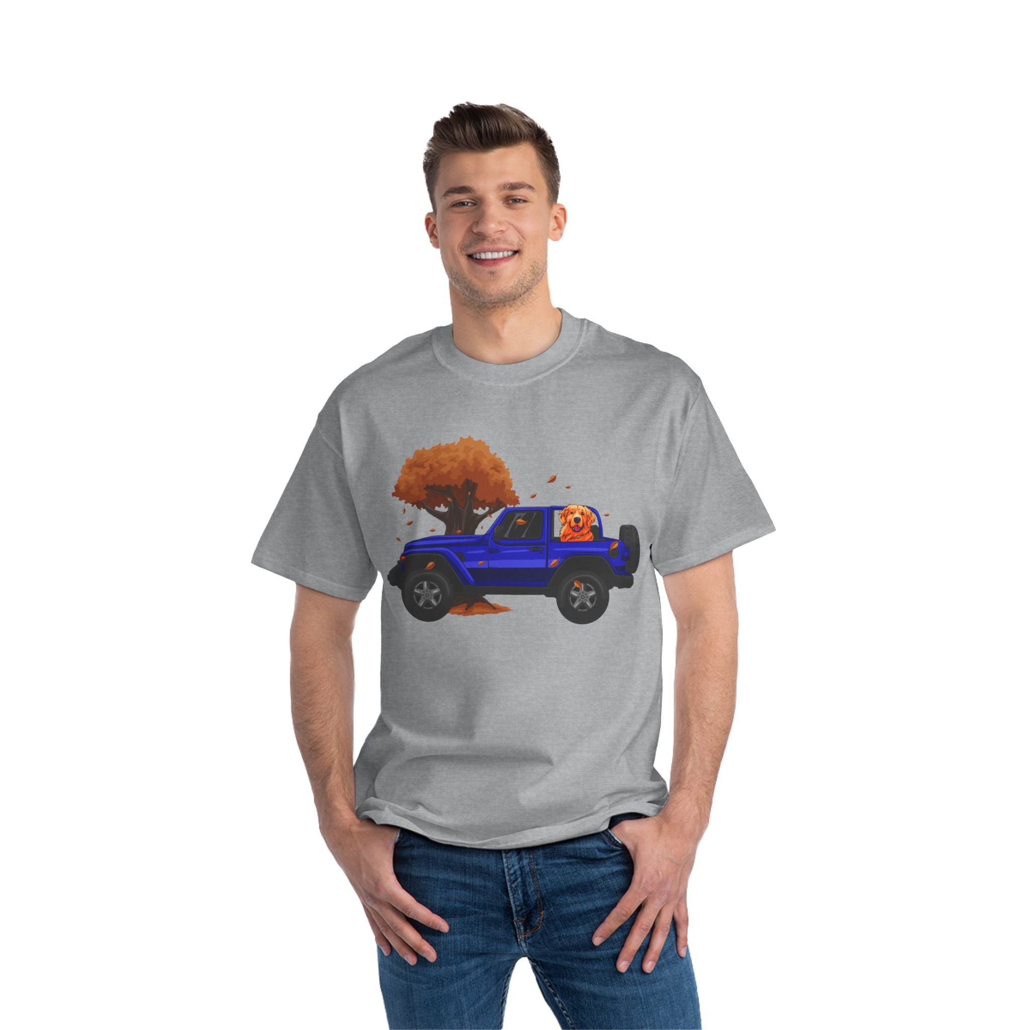 Fall Blue Jeep x Golden Retriever Beefy-T®  Short-Sleeve T-Shirt