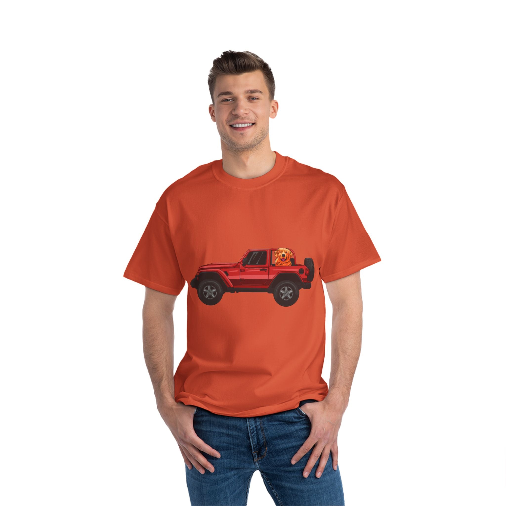 Red Jeep x Golden Retriever Beefy-T®  Short-Sleeve T-Shirt