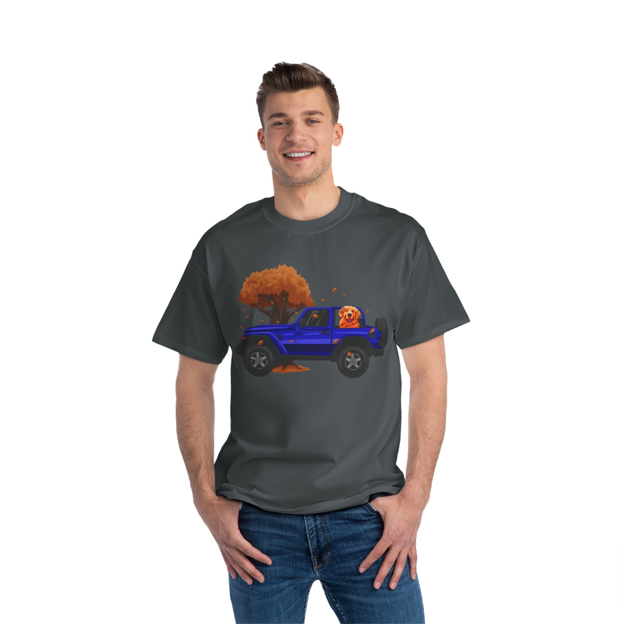 Fall Blue Jeep x Golden Retriever Beefy-T®  Short-Sleeve T-Shirt