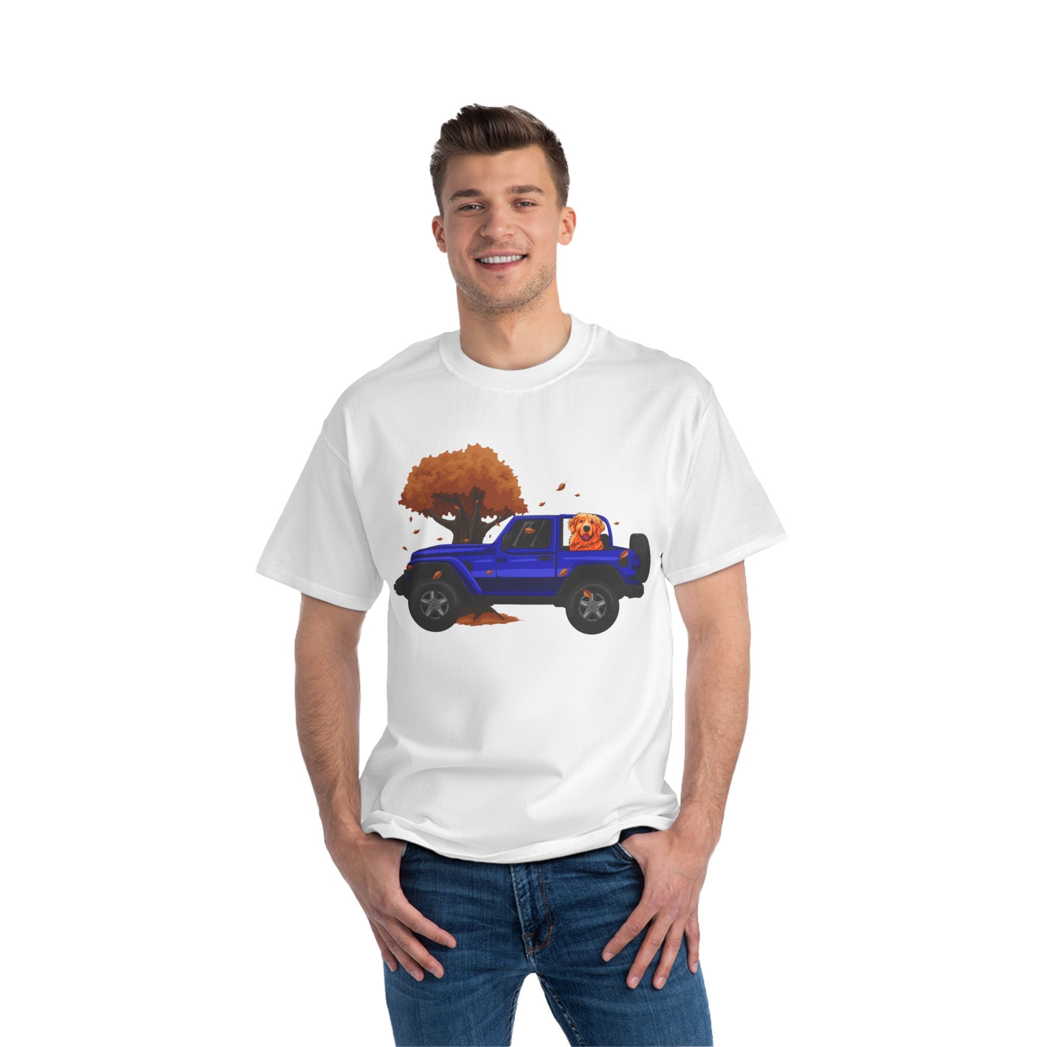 Fall Blue Jeep x Golden Retriever Beefy-T®  Short-Sleeve T-Shirt