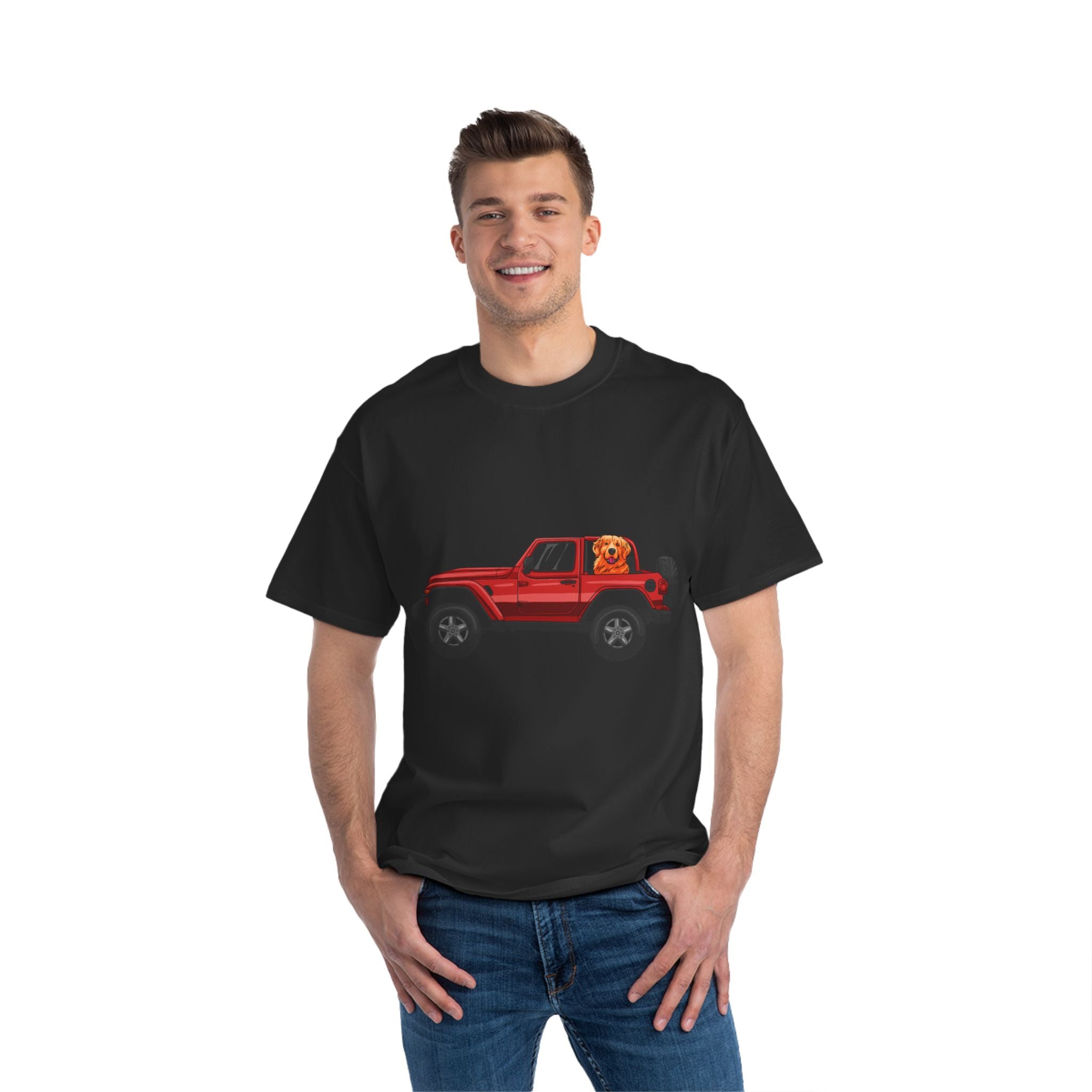 Red Jeep x Golden Retriever Beefy-T®  Short-Sleeve T-Shirt