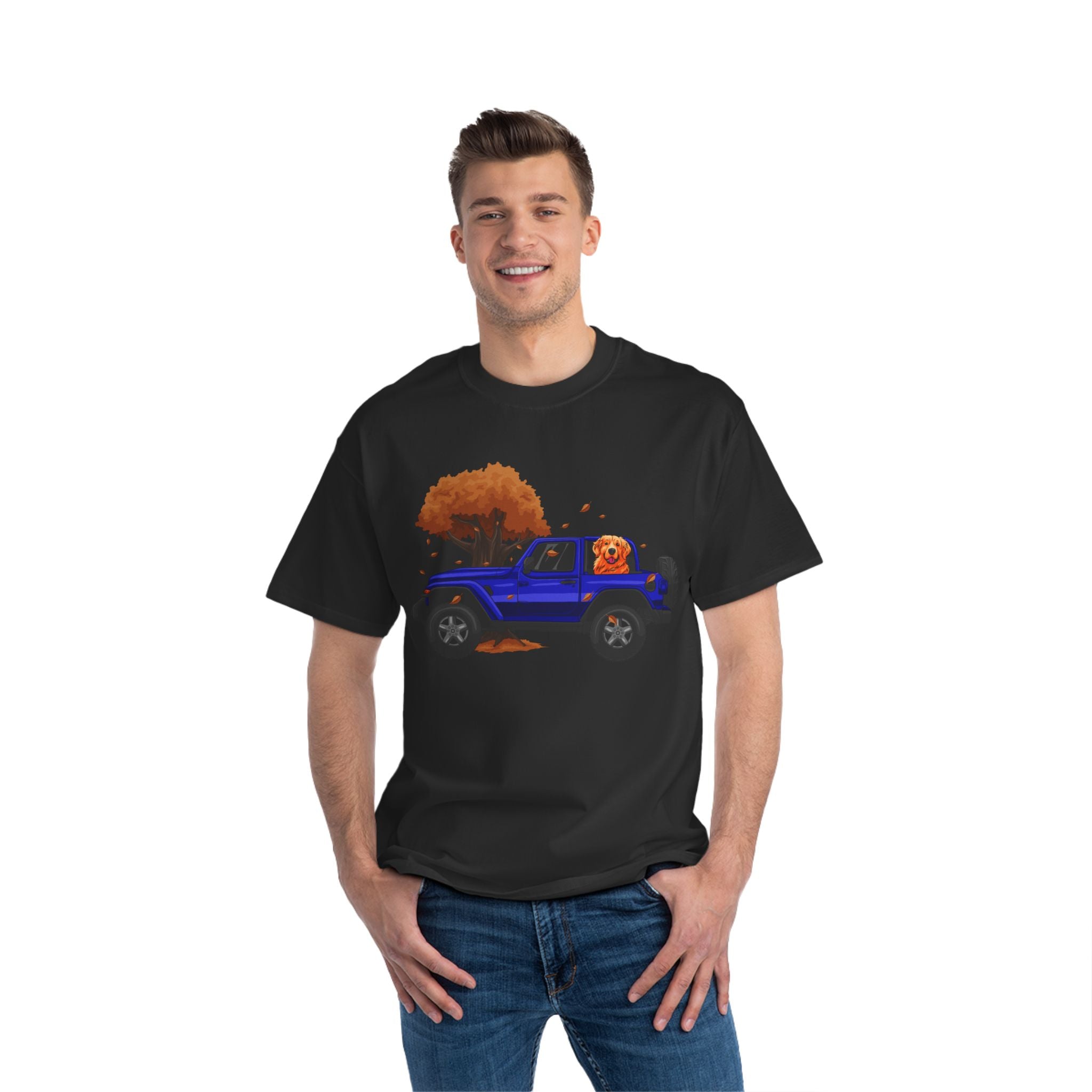 Fall Blue Jeep x Golden Retriever Beefy-T®  Short-Sleeve T-Shirt