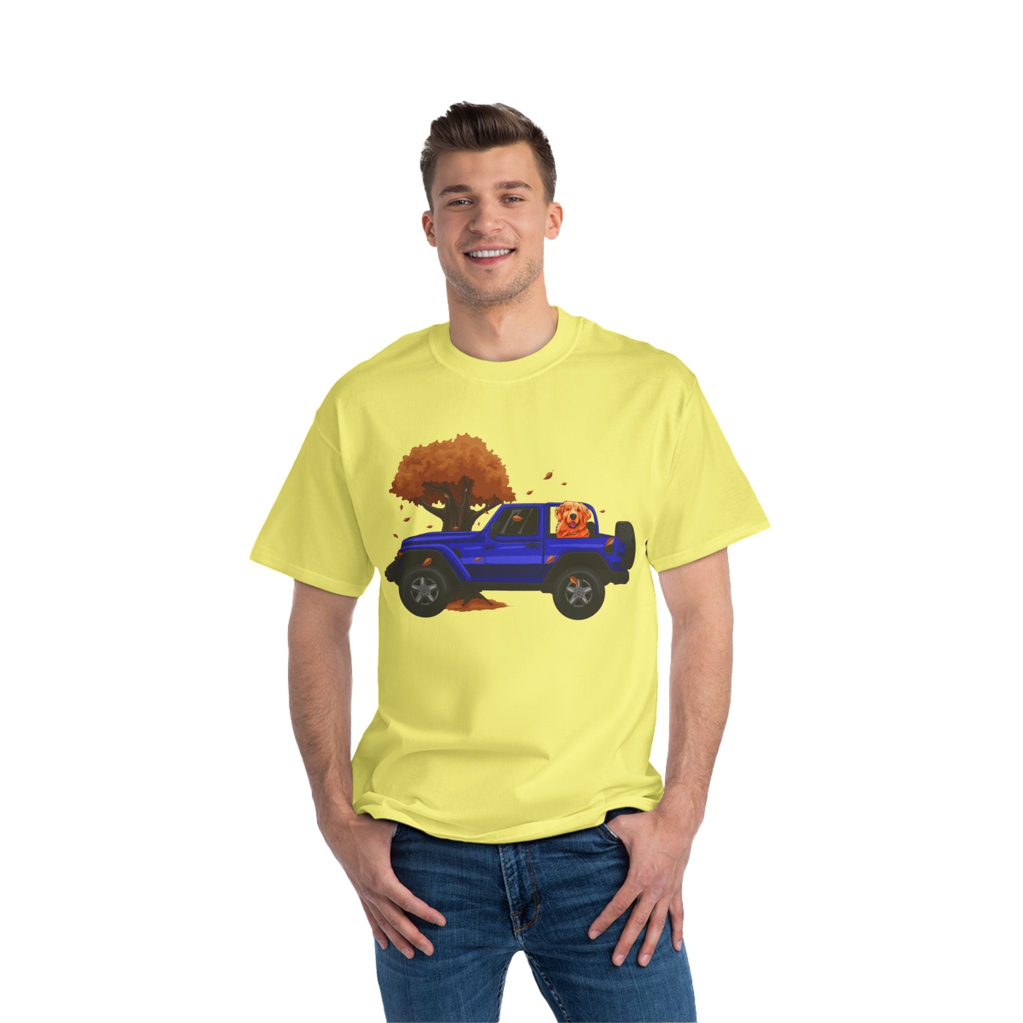 Fall Blue Jeep x Golden Retriever Beefy-T®  Short-Sleeve T-Shirt