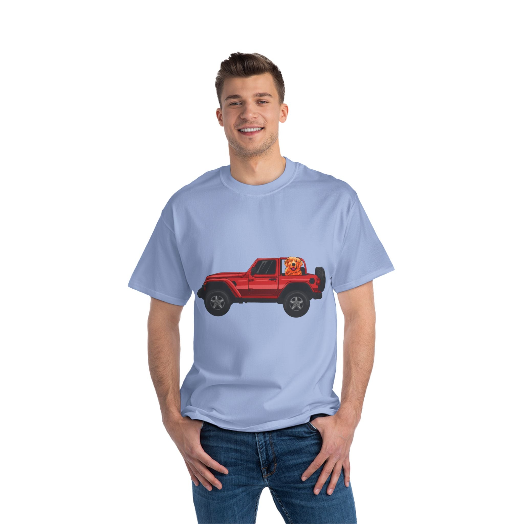 Red Jeep x Golden Retriever Beefy-T®  Short-Sleeve T-Shirt