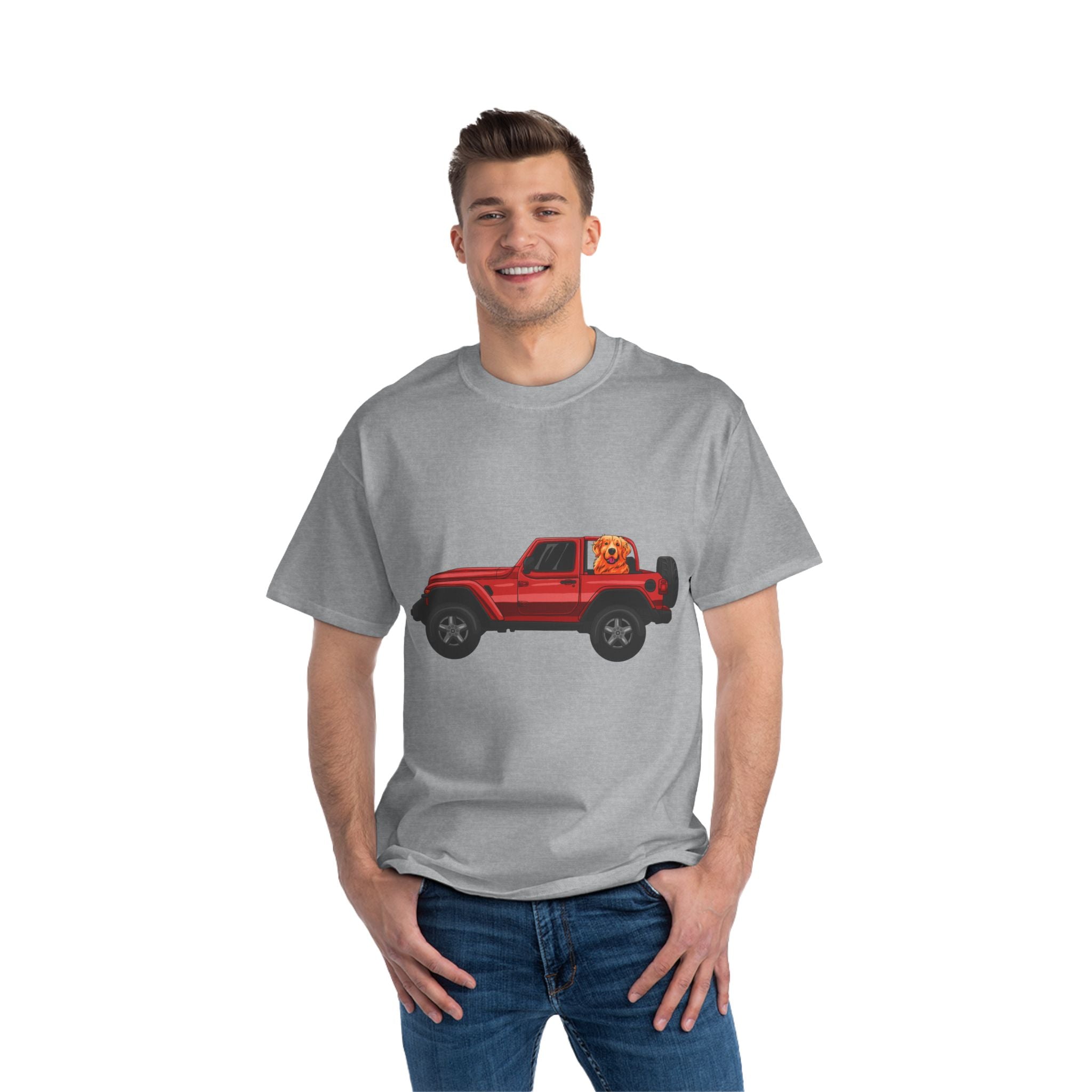 Red Jeep x Golden Retriever Beefy-T®  Short-Sleeve T-Shirt